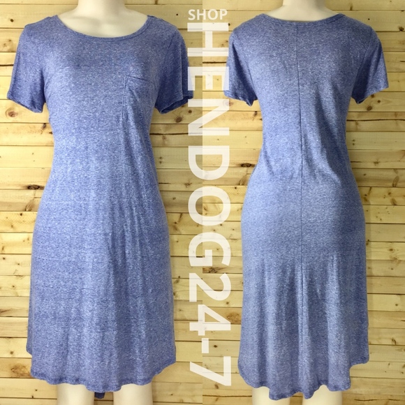 LULAROE CARLY DRESS HEATHER BLUE W/LINES ALLOVER - Picture 3 of 8